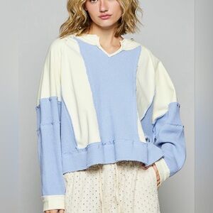 066 - POL Exposed Seam French Terry Knit Blue and Cream Top - New